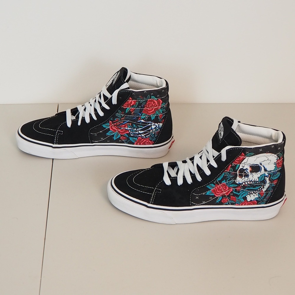 Vans Sk8-Hi Rose Skull Sneakers Men 8 Women 9.5 Black Skeleton High Top Shoes - Picture 5 of 10